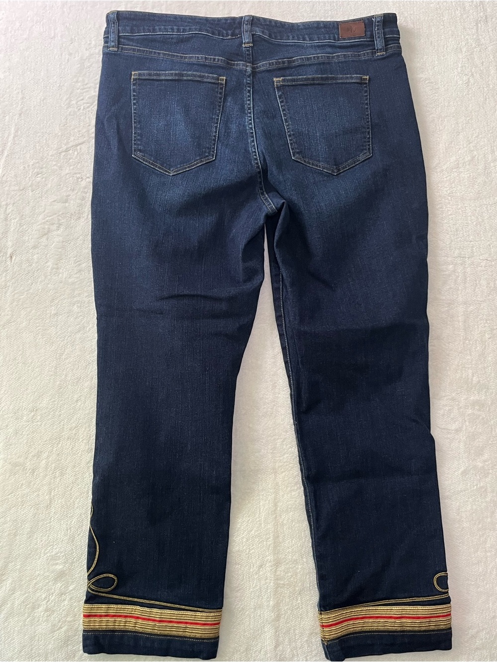 LRL Classic Straight Ankle Jeans Women's Size 12 Dark Wash Embroidered Hem Denim - Picture 2 of 11